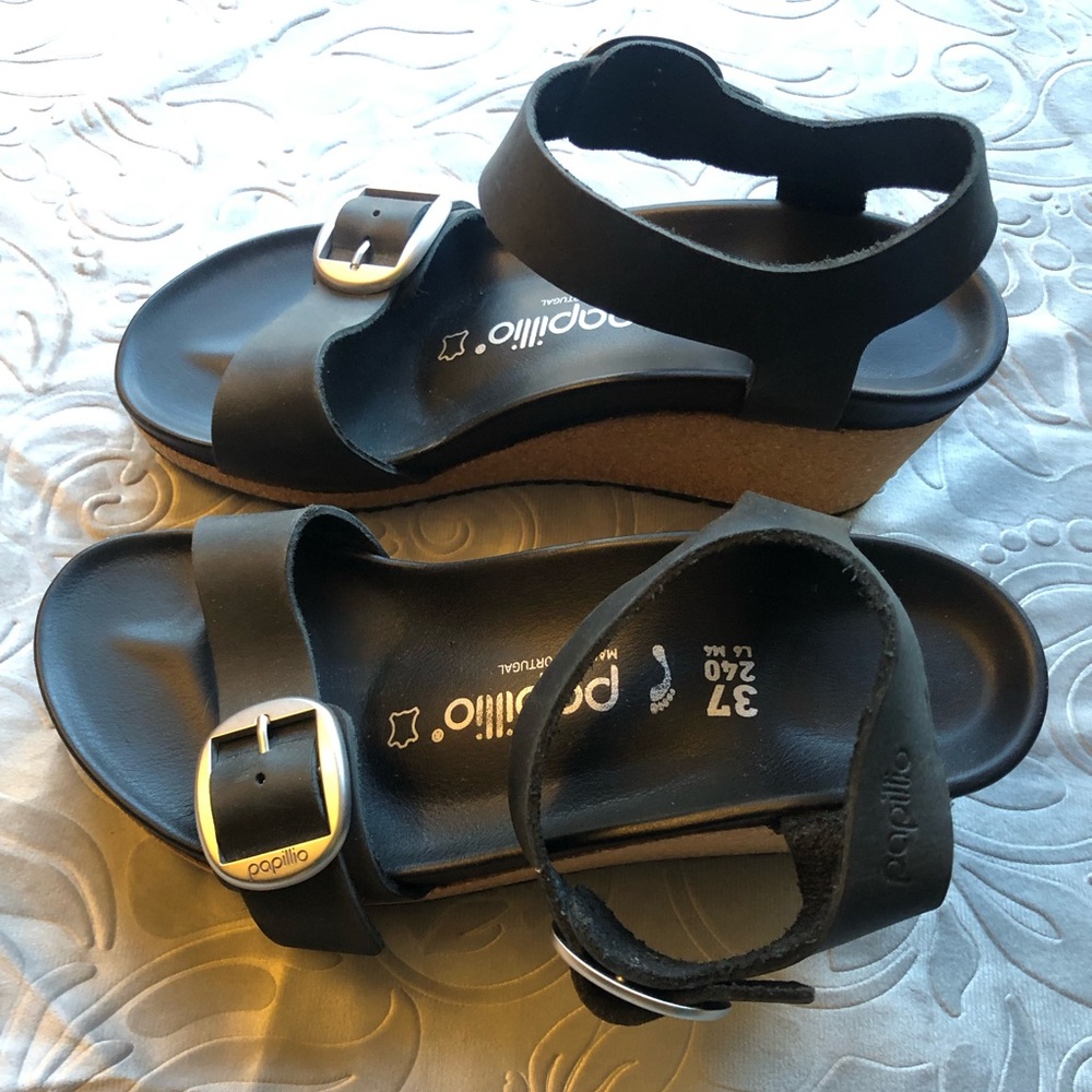Papillio Black Cork Wedge Sandals with Buckle Strap